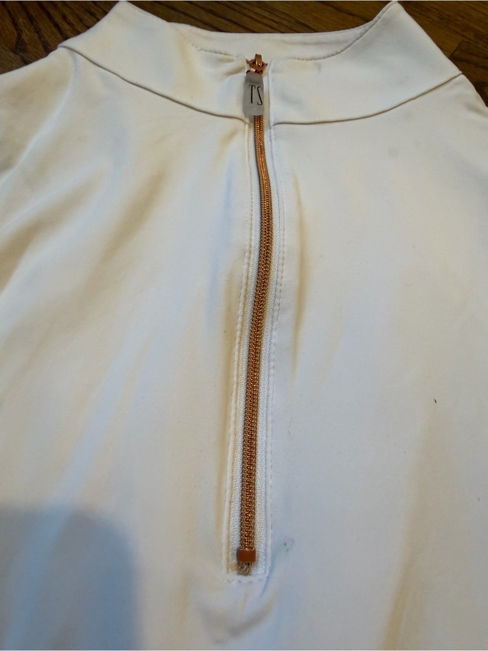 White Women's Tailored Sportsman long sleeve quarter zip with Rose Gold Zipper